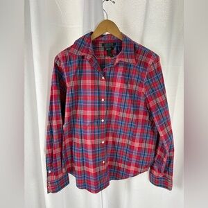 Lauren by Ralph Lauren Button-Down Shirt Red Plaid Size Large No Iron EUC 641